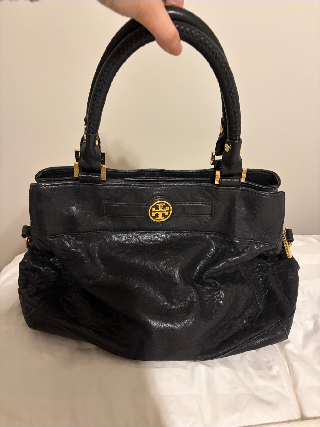 Tory Burch Black Leather Tote With Gold Logo Hardware